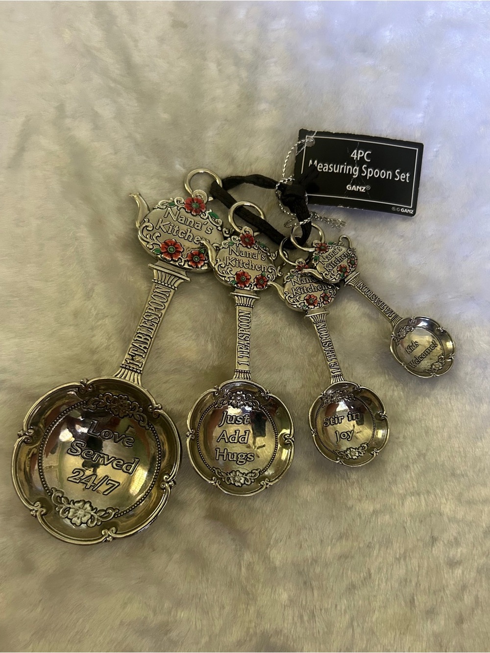 🍀NWT! GANZ Silver Floral Nana's Kitchen 4-Piece Measuring Spoon Set